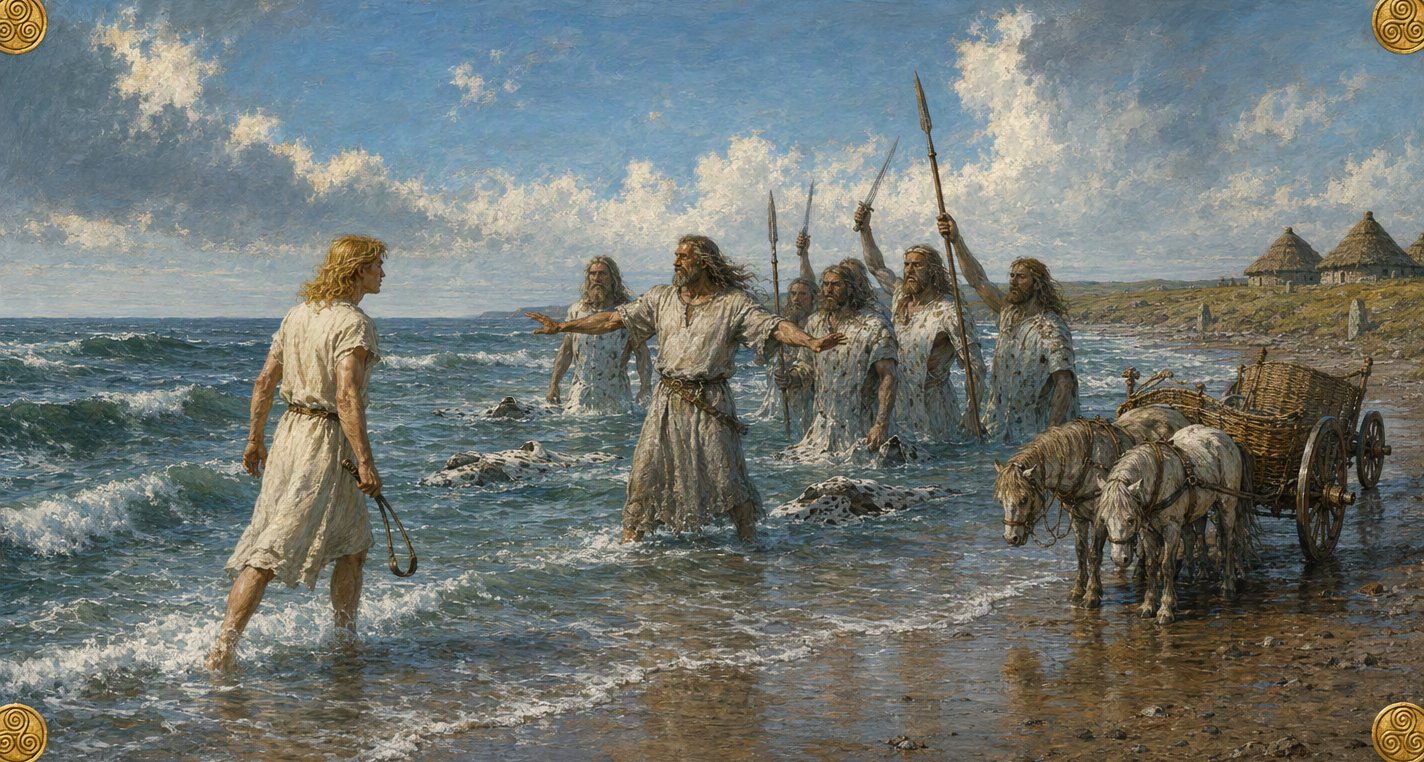 On a bright, windy strand golden-haired Conaire, sling in hand, faces warriors in speckled skins wading in the surf, one holding out his arms to keep the rest back.