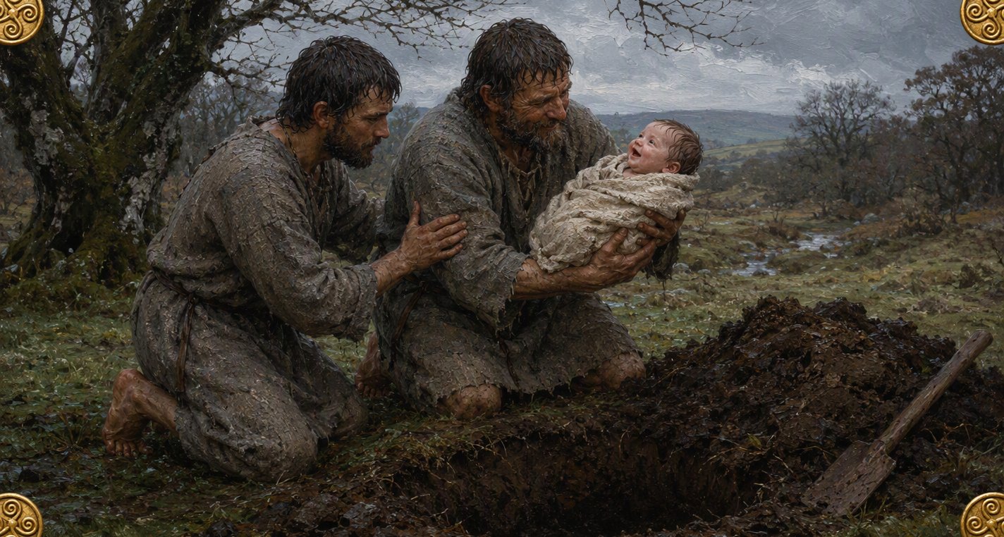 In grey drizzle two barefoot, rough-bearded men kneel by a freshly dug pit; the elder, softening, holds up a laughing baby while the younger lays a hand on his arm.