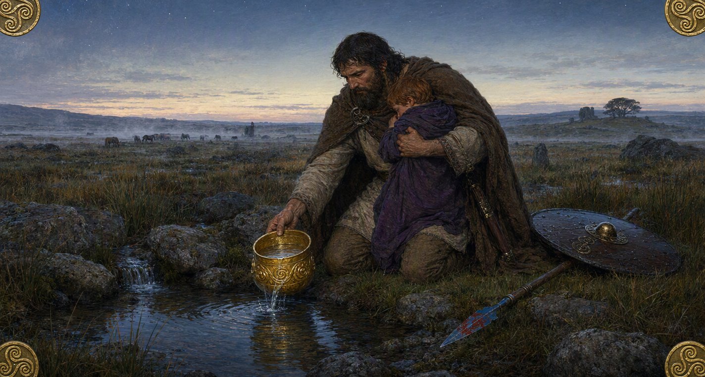 In the grey light before sunrise Mac Cécht kneels at a spring on a misty plain, filling a golden cup, one arm round a red-haired boy in a purple cloak.
