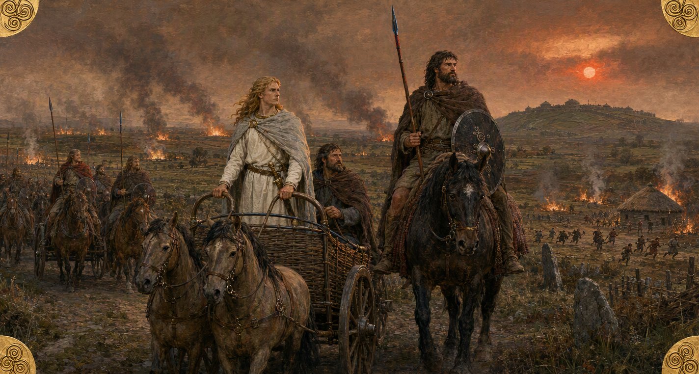 At a smoky red sunset Conaire stands in his wicker chariot beside his huge champion Mac Cécht on a black horse, looking out over a plain burning on every side.