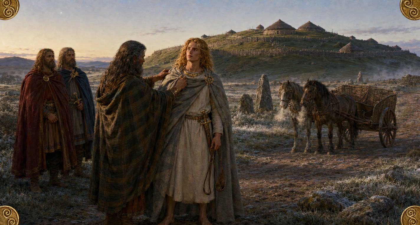 At frosty first light on the road to Tara a fosterer wraps a pale mantle round barefoot, golden-haired Conaire, sling in hand, as two kings and a chariot wait.