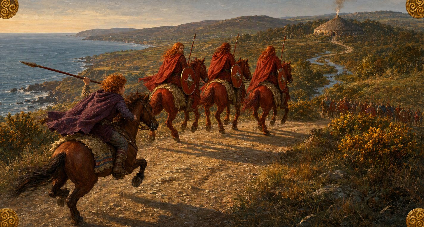 Lé fri flaith, a red-haired boy in a purple cloak, gallops after three riders all in red on a golden coast road above the sea, a smoking round hall far ahead.