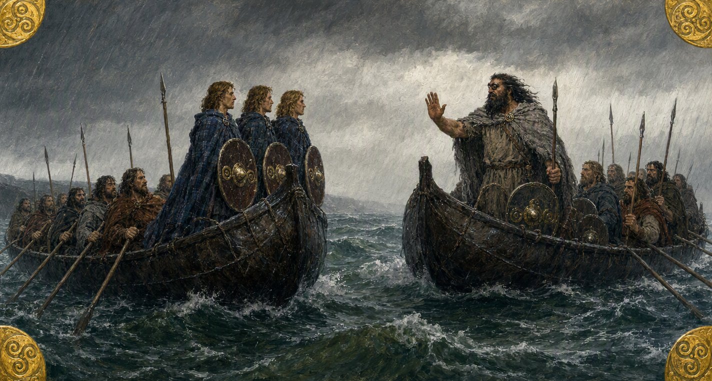 In driving rain the huge, black-bearded Ingcél holds up an open hand from his boat to three young men in matching blue cloaks and round shields in another.