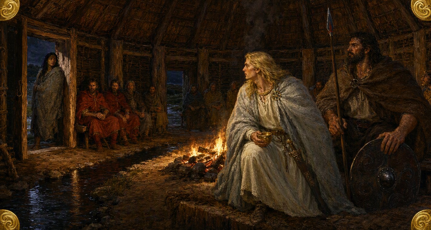 In a firelit round hall with a stream across its floor, golden-haired Conaire looks back at a dark-haired woman in a grey cloak at the open door, Mac Cécht beside him.