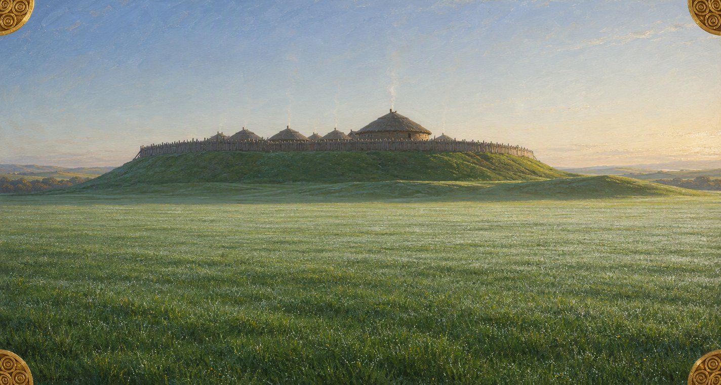 On a still spring morning a palisaded hill-fort of round thatched houses and a great hall, thin smoke rising, stands quiet above an empty green silver with dew.