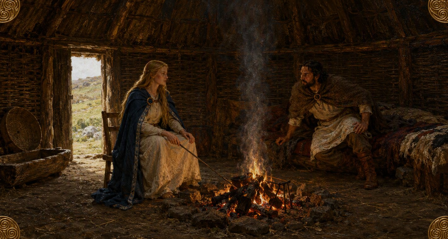 In a round thatched house fair-haired Macha in a blue cloak sits stirring the hearth fire as black-bearded Crunniuc half rises from his couch to stare at her.