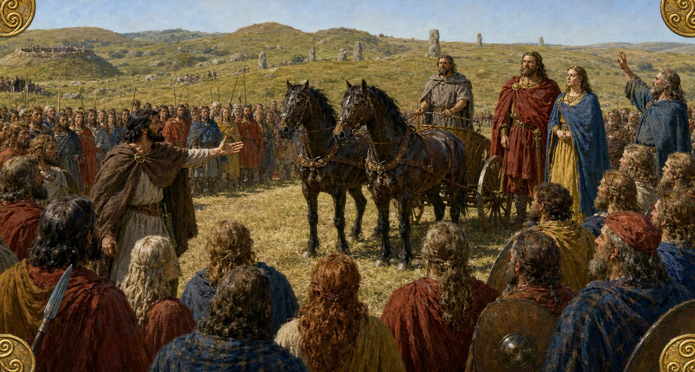 At a summer assembly King Conchobar in red and his queen stand by their chariot and dark horses as Crunniuc, in brown, springs up in the crowd flinging out an arm.