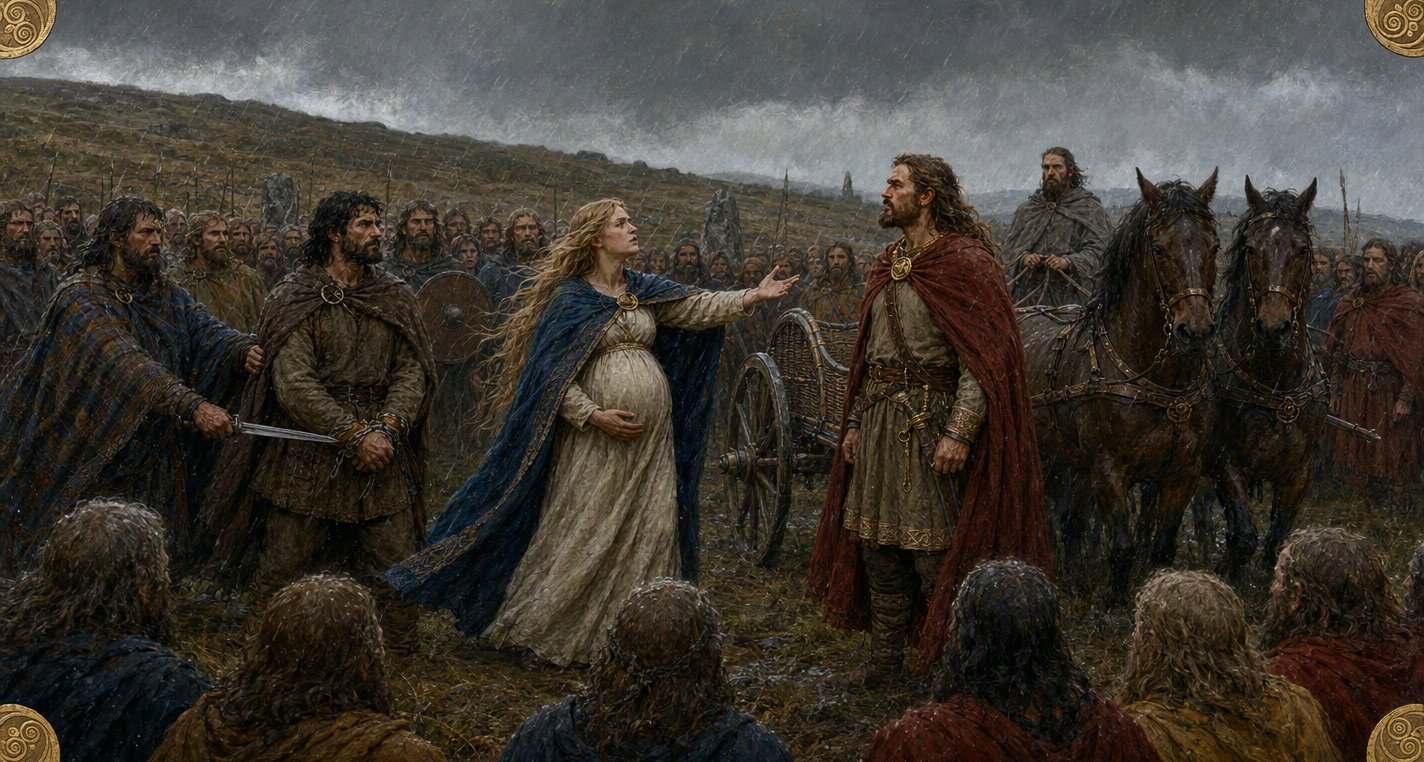 In cold rain heavily pregnant Macha pleads, one hand held out, to King Conchobar beside his chariot and horses, as a guard with a sword holds her bound husband Crunniuc.