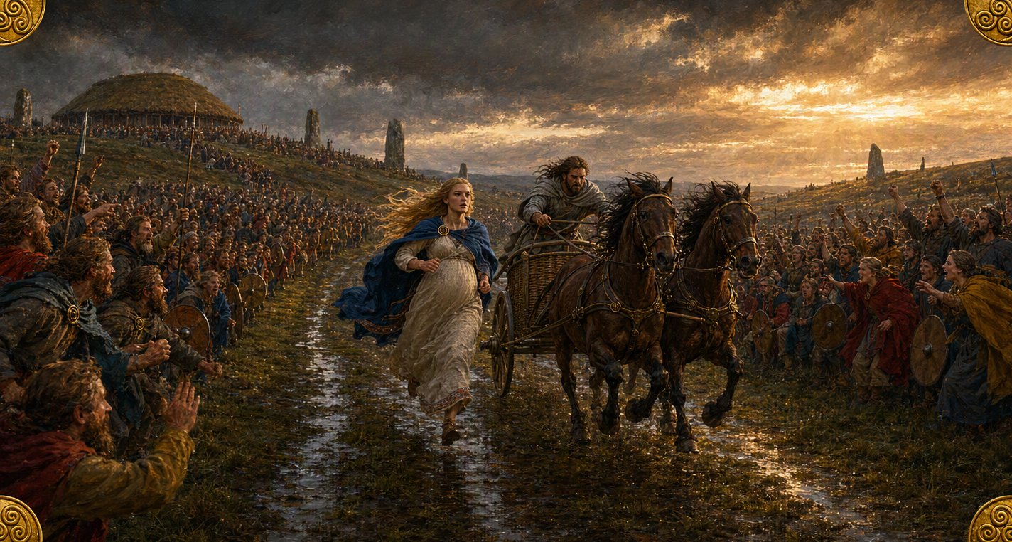 At evening under breaking storm clouds Macha, heavy with child and her hair streaming, runs level with the king's galloping horses and chariot between shouting crowds.