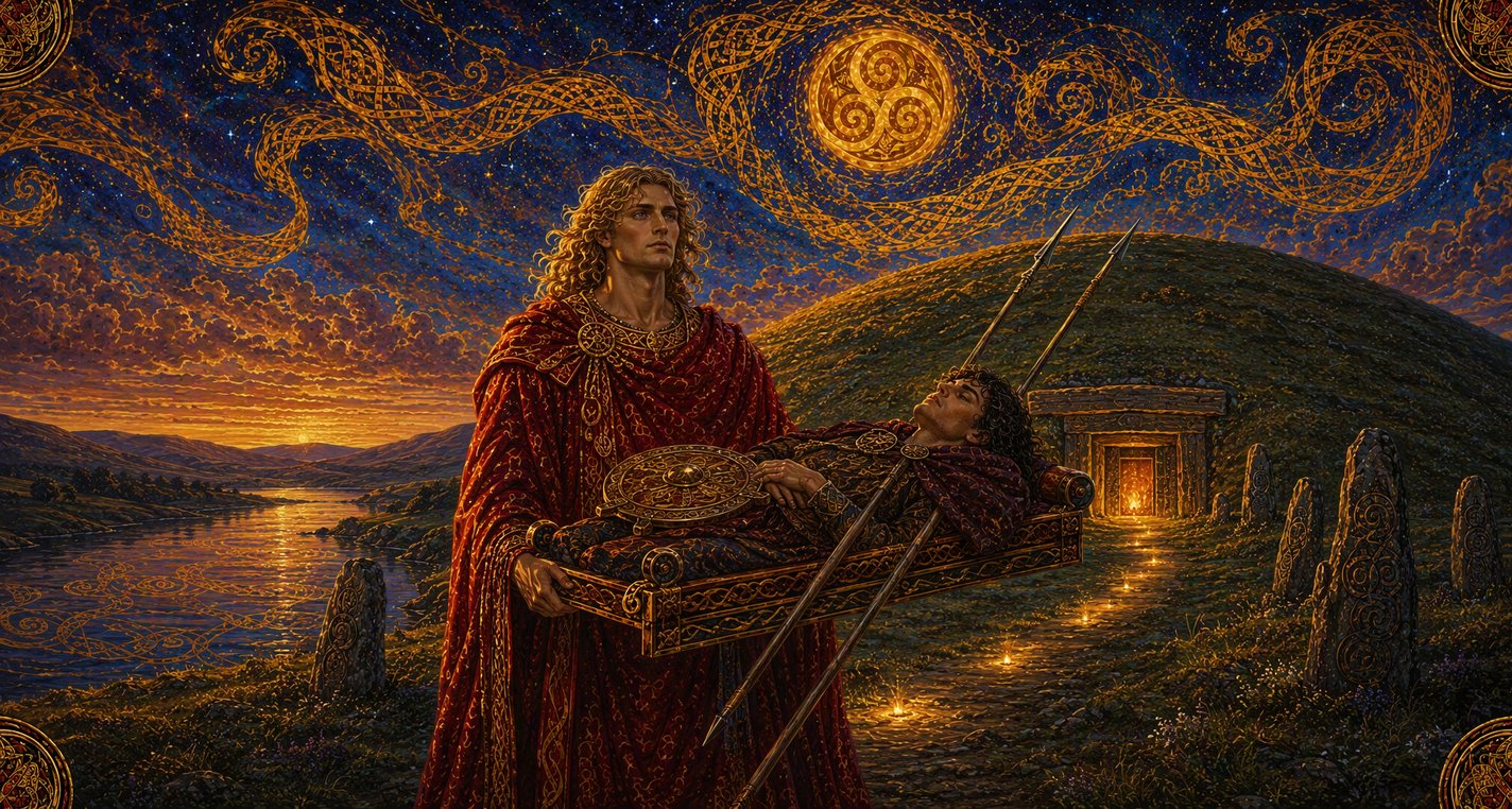 At dusk a golden-haired god carries a dead warrior on a gilded bier toward a great mound with its doorway lit.