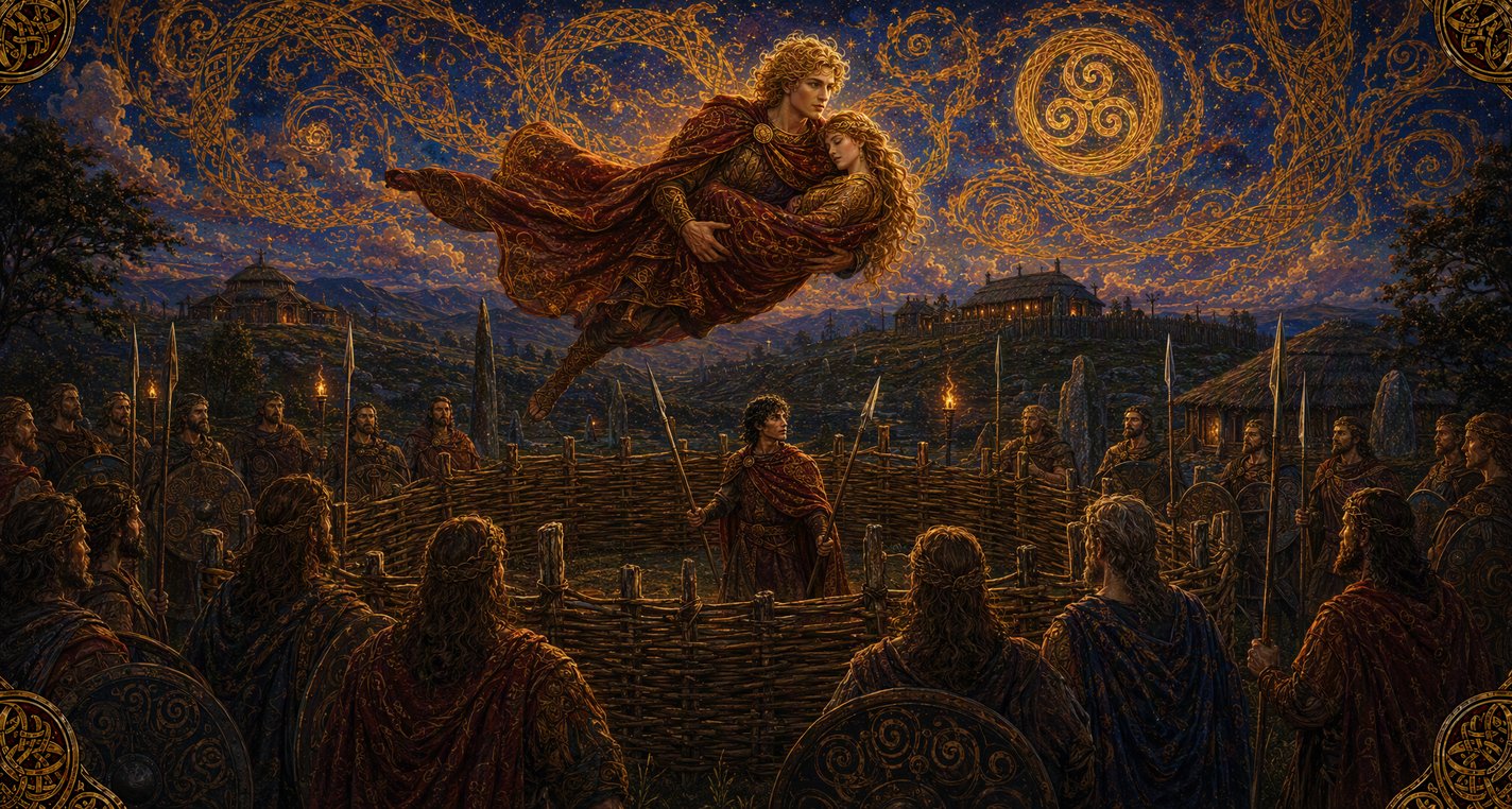 Spearmen ring a wattled enclosure in a wood while a shining figure carries a woman away under his cloak on the wind.