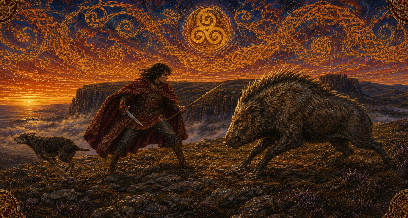At dawn on a flat-topped mountain a huge bristling boar charges a lone warrior as his hound runs from it.