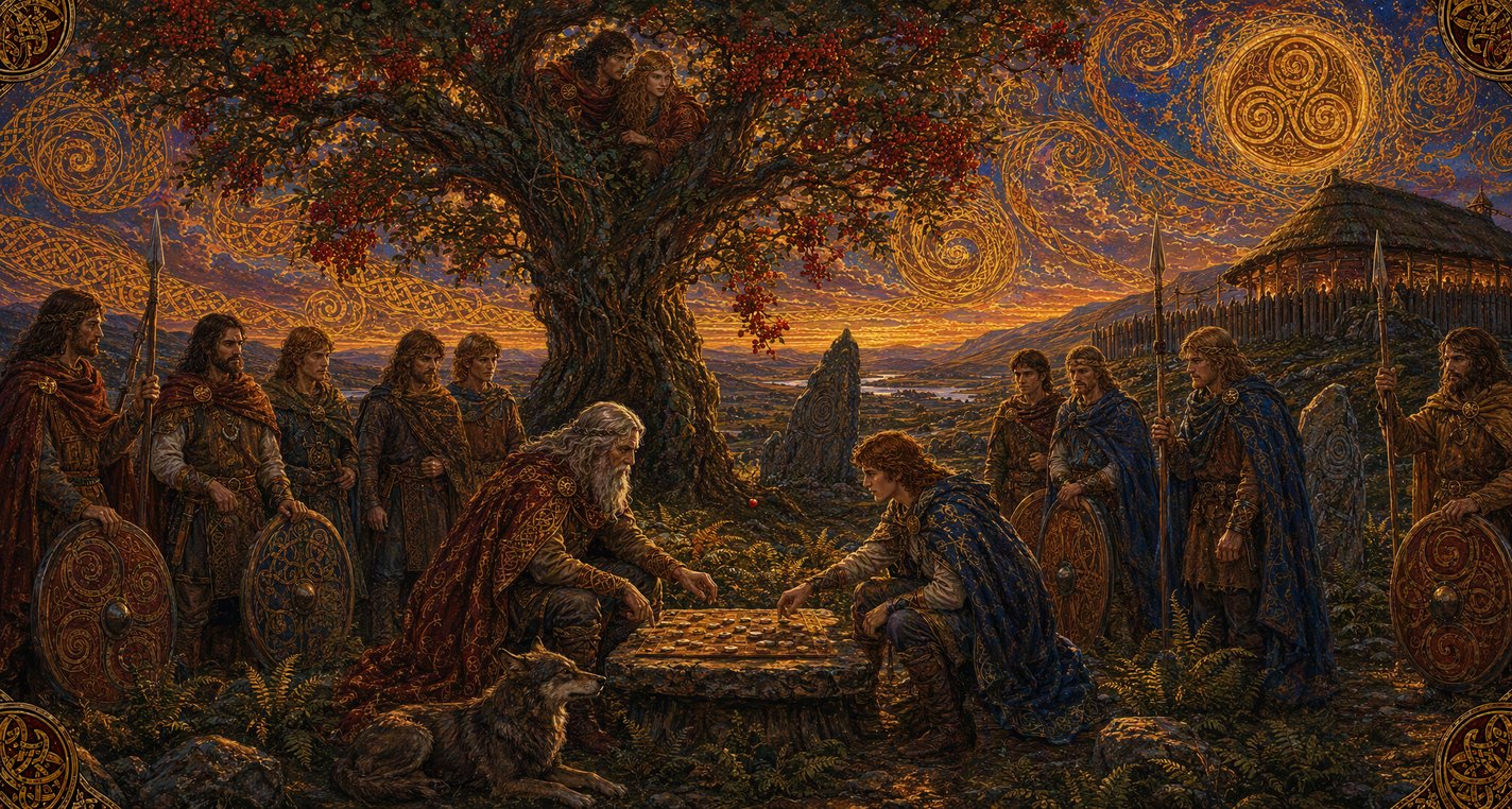 Under a great rowan heavy with red berries two men play a board game while a couple hide high in the branches above them.