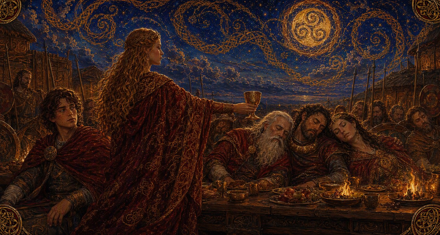 At a feast in a great hall a golden-haired young woman holds out a jewelled goblet as the feasters drift into sleep.