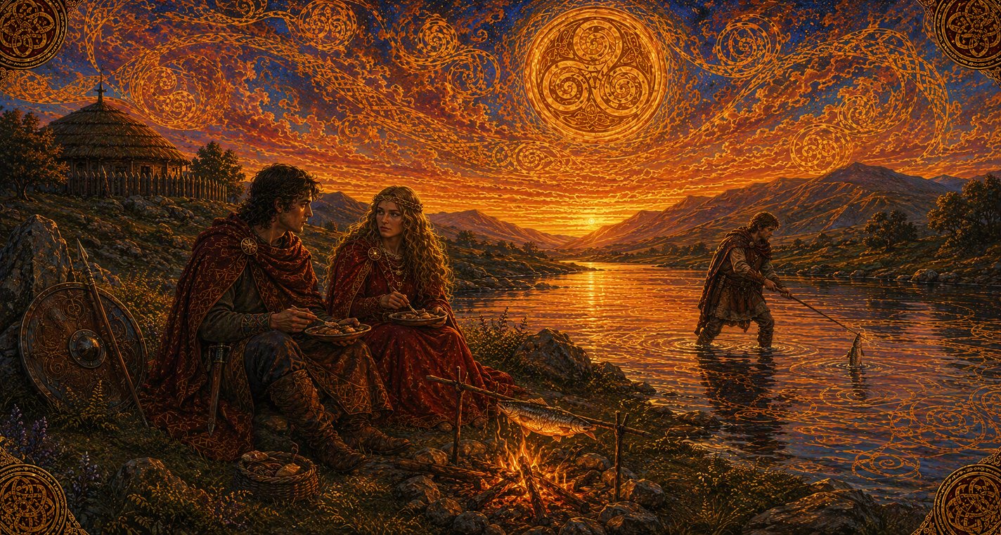 By a Kerry river at evening a salmon broils on a spit beside a couple eating on the bank, while a young warrior fishes in the shallows.
