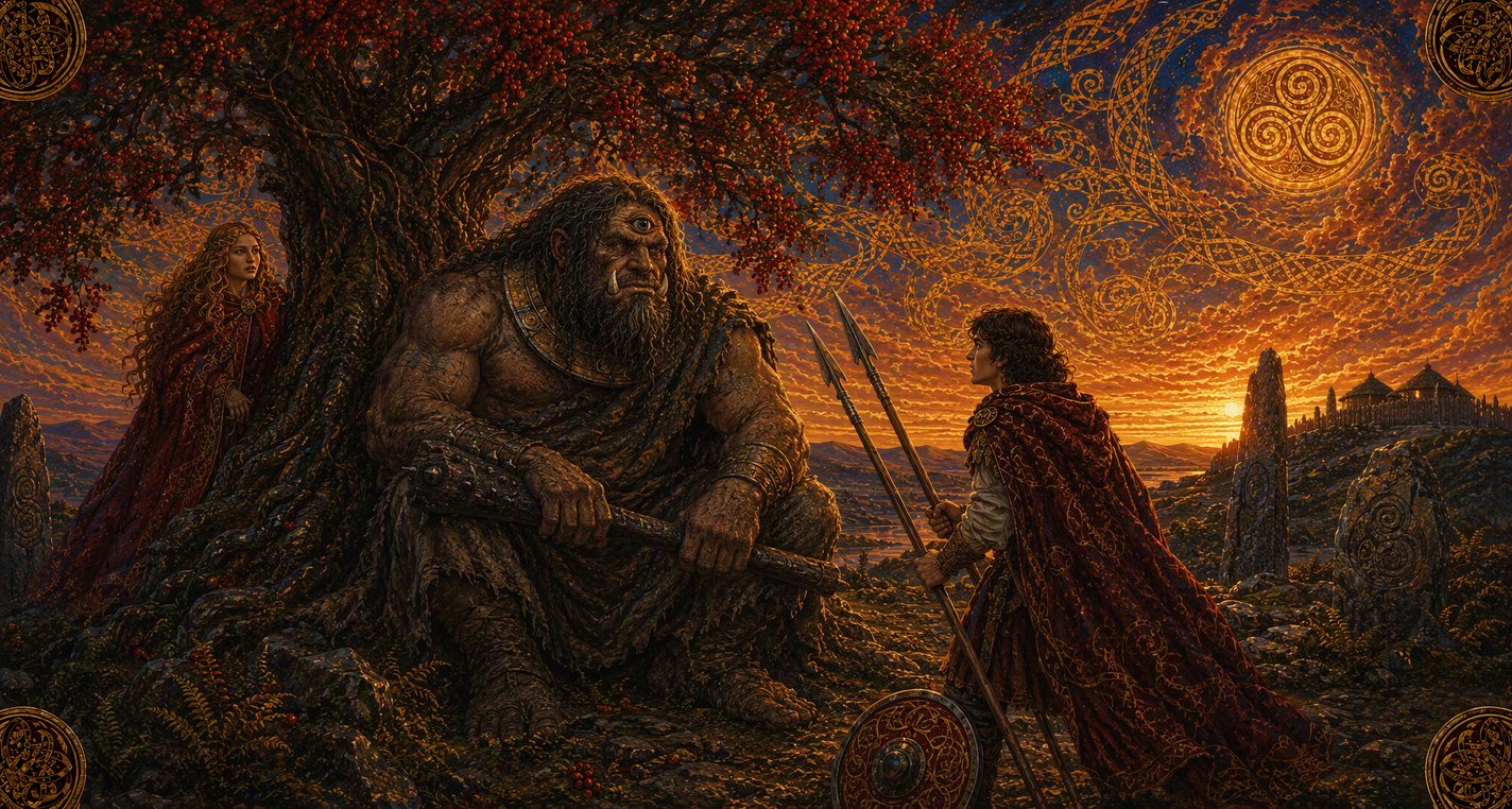 At dusk under a great rowan heavy with red berries a one-eyed giant with an iron club faces a young warrior.