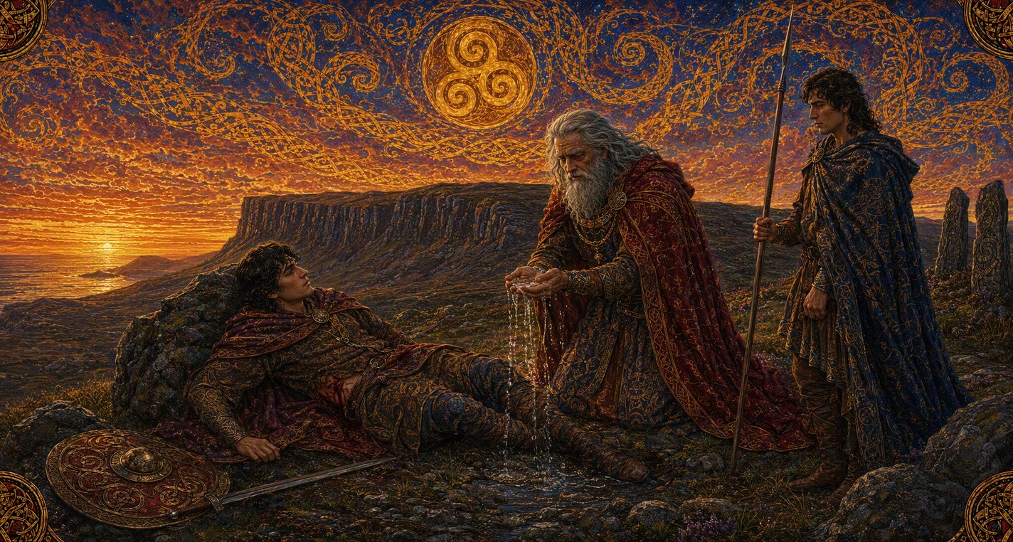 At dusk on a mountain top an old warrior lets water run through his cupped hands while a wounded young man lies watching.