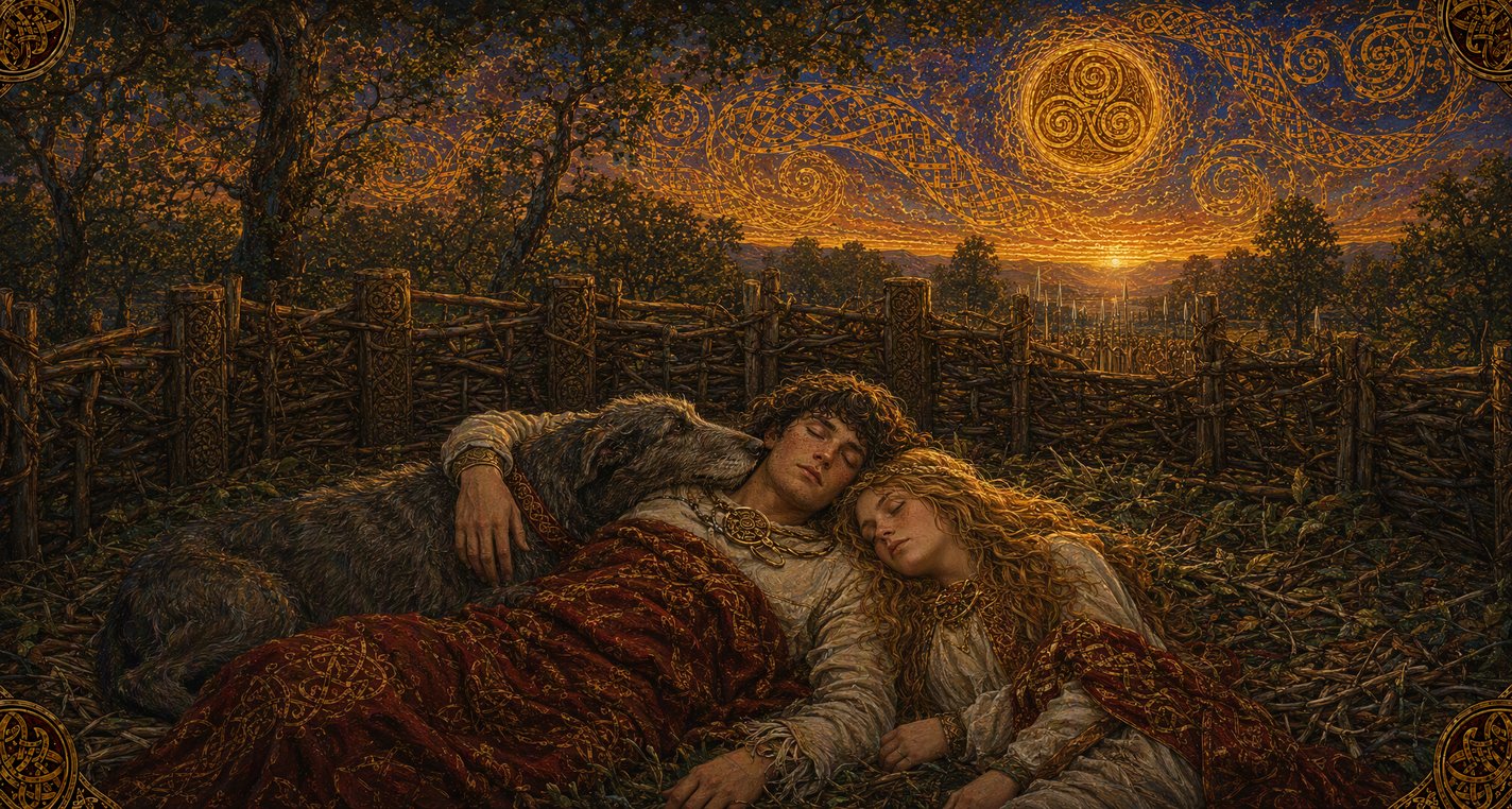 At dawn in an oak wood, inside a fence of woven wattles, a great hound pushes its head against a sleeping warrior.