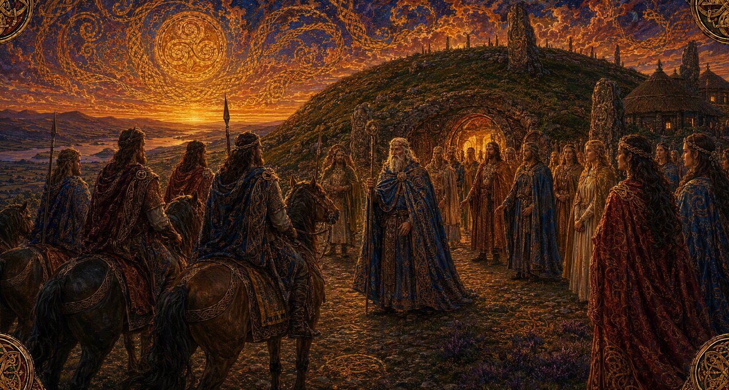 At dusk lights stream from the open door of a green mound on a mountainside as a king comes out to meet riders.