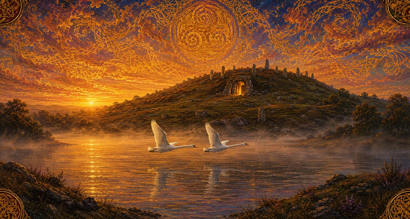 At dawn two white swans fly side by side low over the Boyne toward a great grassy mound.