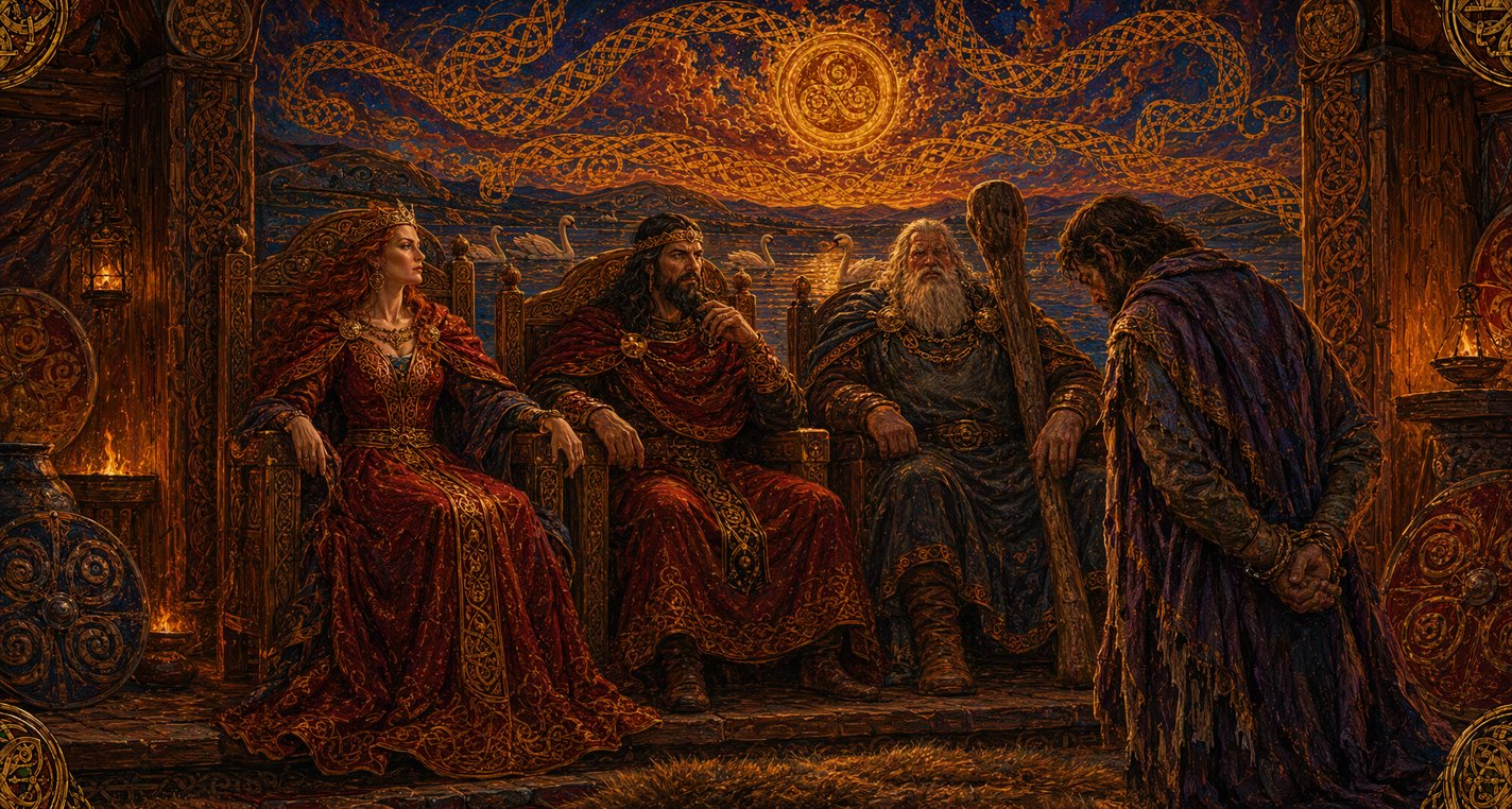 In a firelit hall a king and queen on their thrones question a bowed prisoner while a huge old god watches.