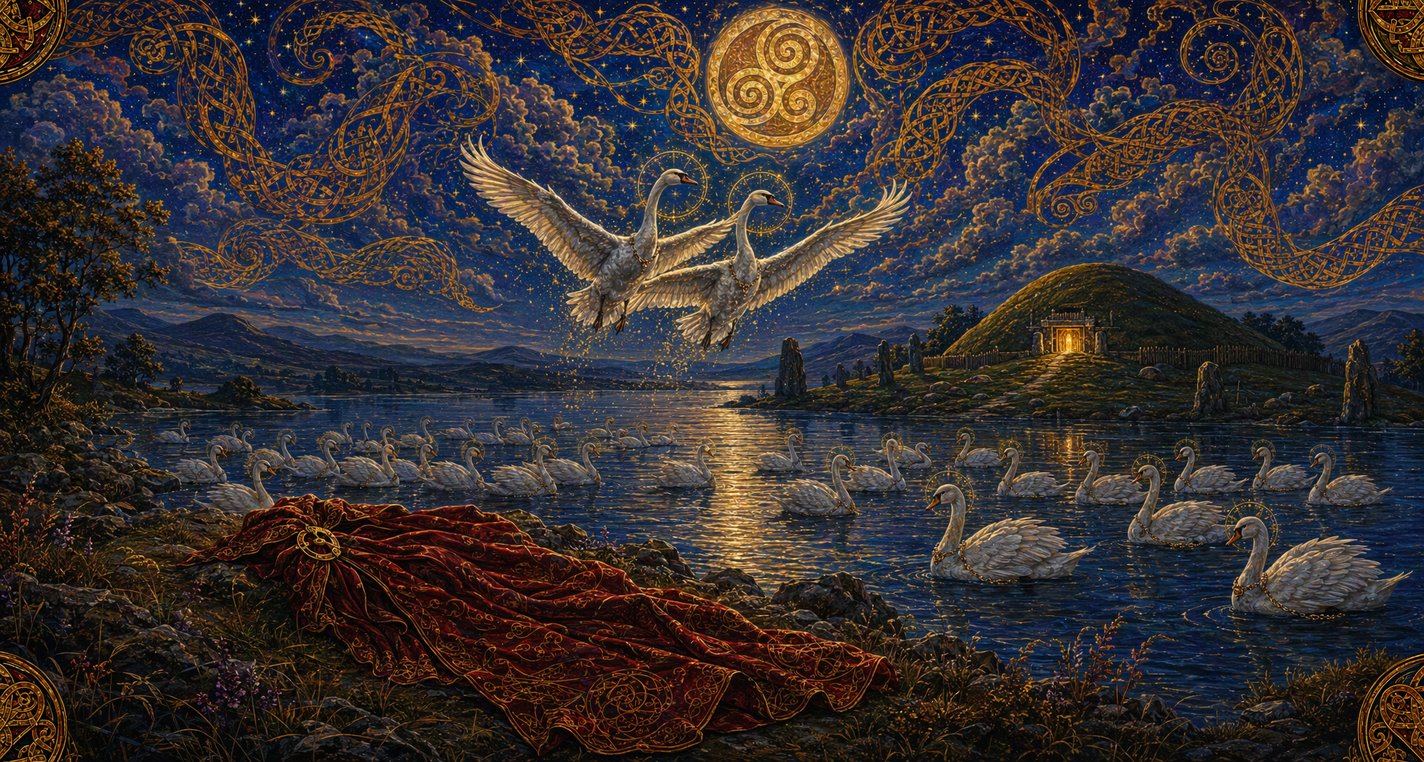 On a moonlit lake full of swans wearing silver chains, two white swans rise together into the night sky.