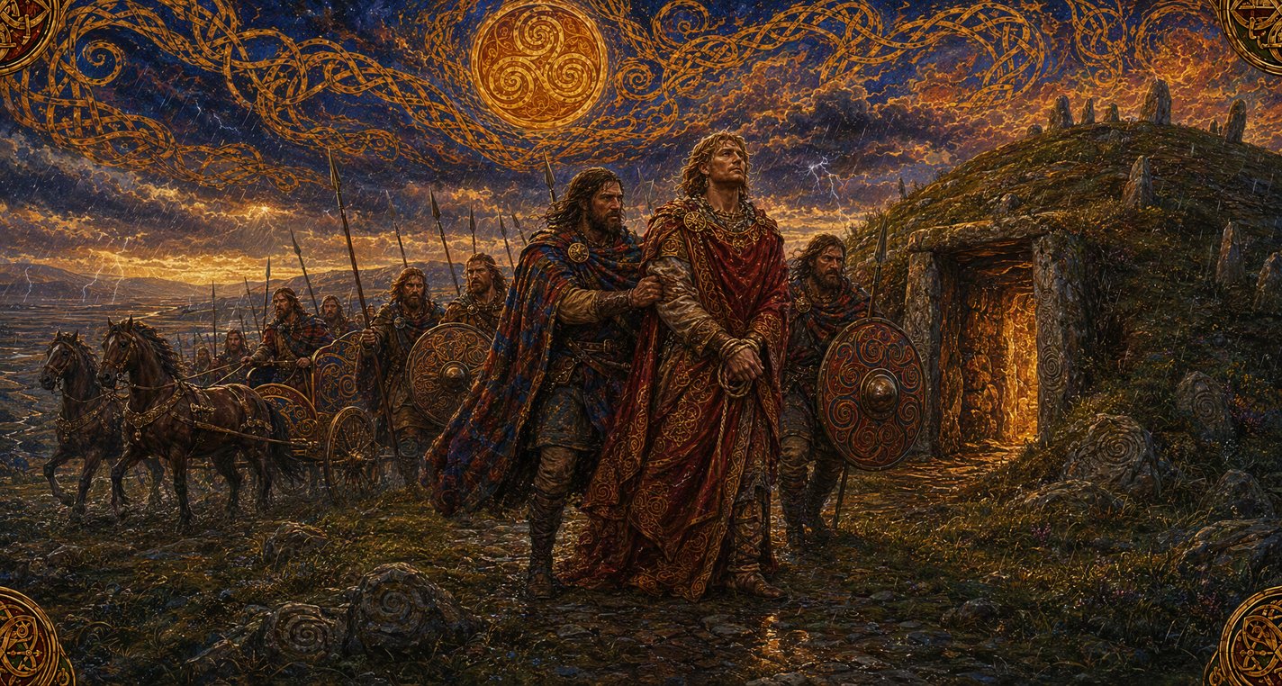 Under a storm sky warriors lead a proud lord of the sídhe out of a green mound whose door stands broken open, with chariots behind them.