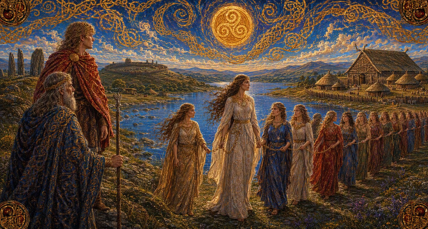 On a lake shore a long line of girls linked by silver chains walks by, one a head taller than the rest, as a young man watches.
