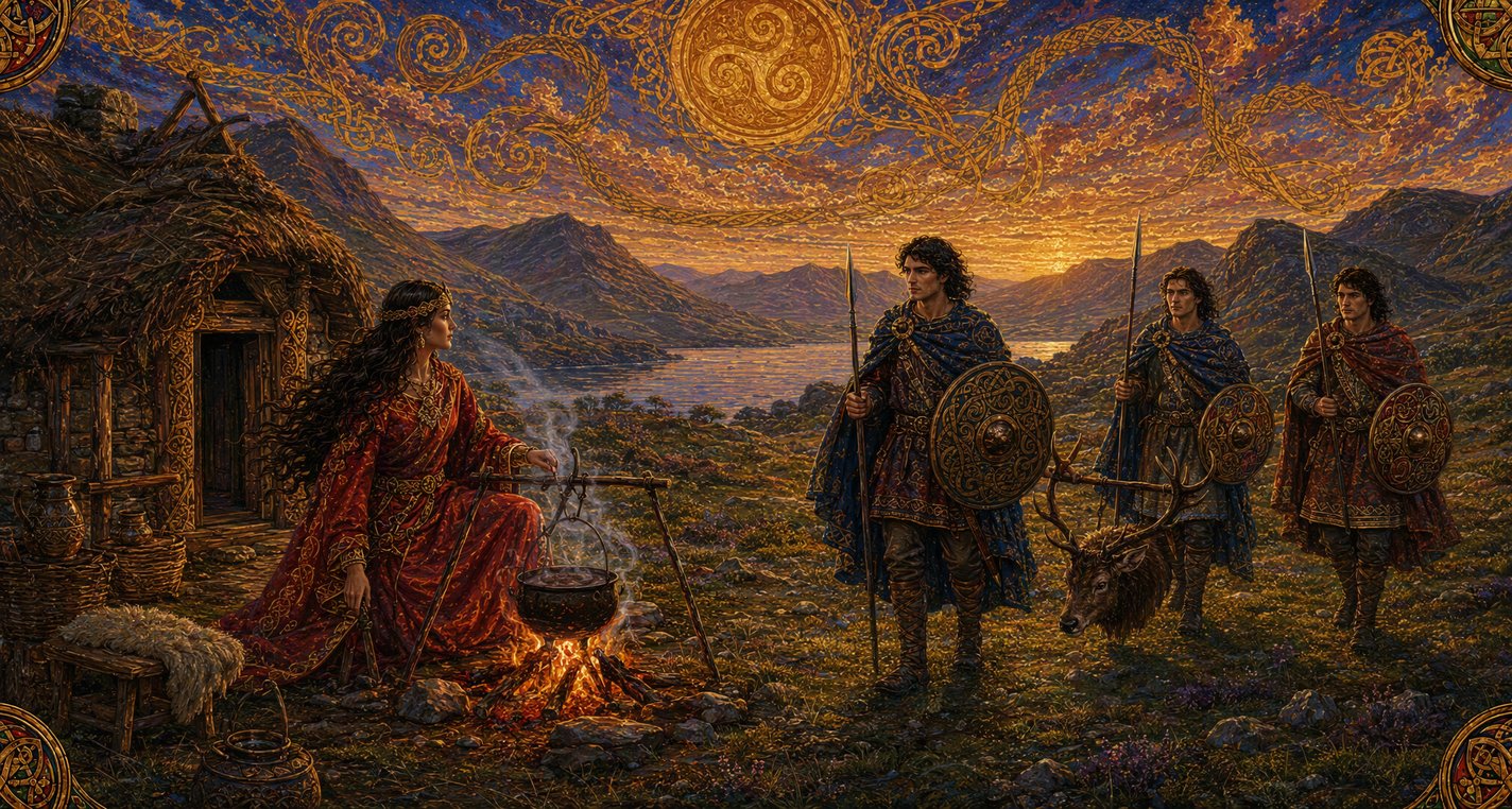 In a mountain glen a long-haired woman tends a cooking fire as three hunters with spears come home with a deer.