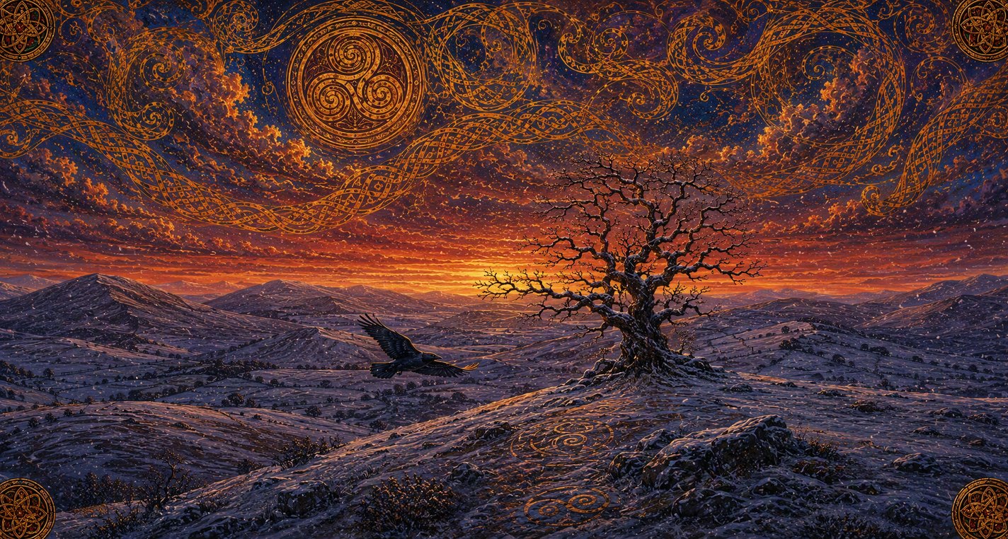 Snow falls at dusk over empty hills, with a bare thorn tree and a single raven flying low.