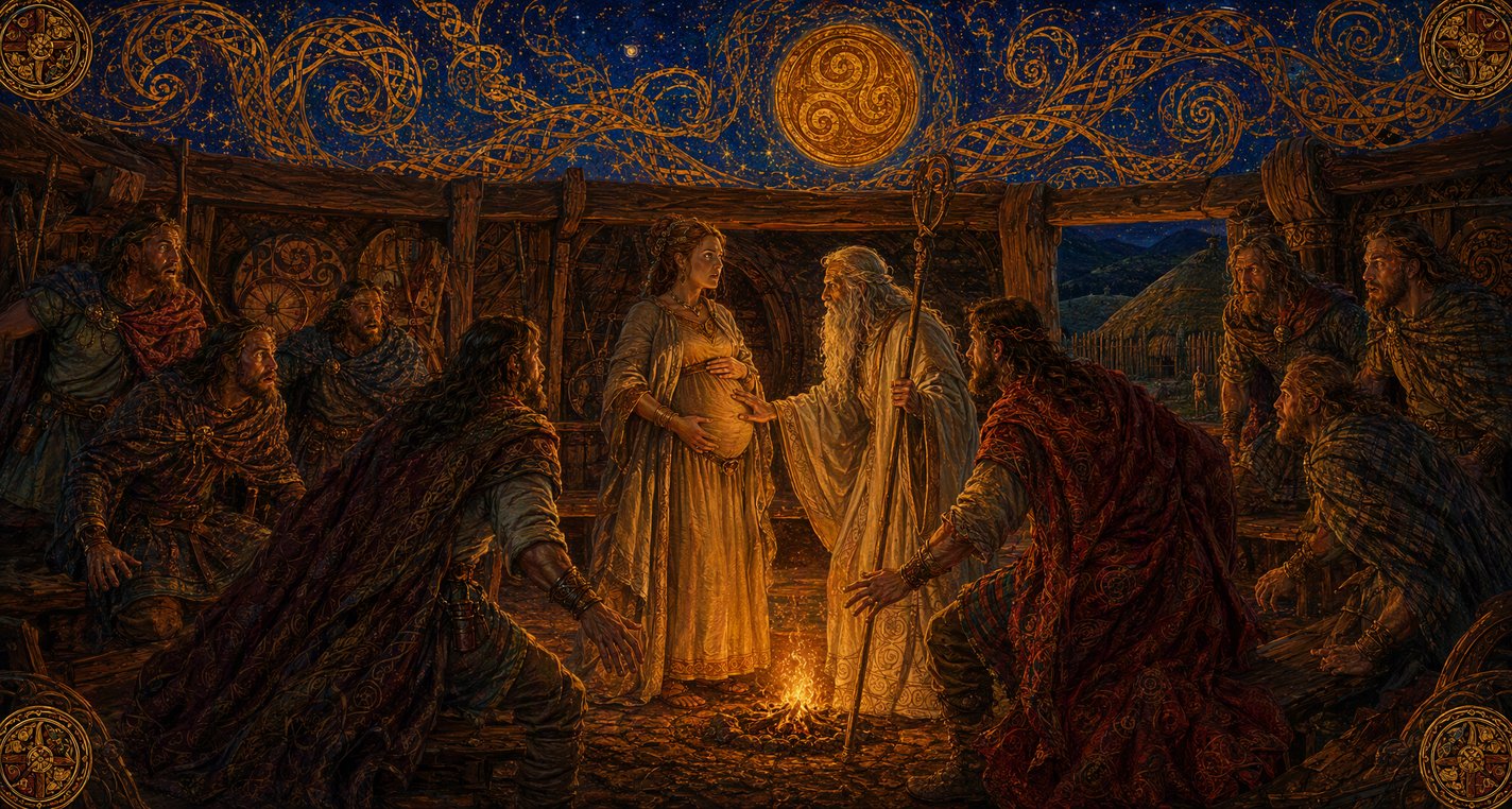 In a firelit house warriors start up as a druid lays his hand on the belly of a woman heavy with child.