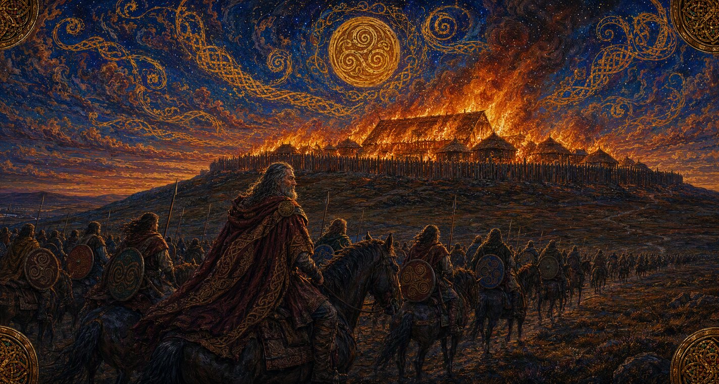 At night flames run along the palisade of a great ring-fort as riders turn away into the dark.