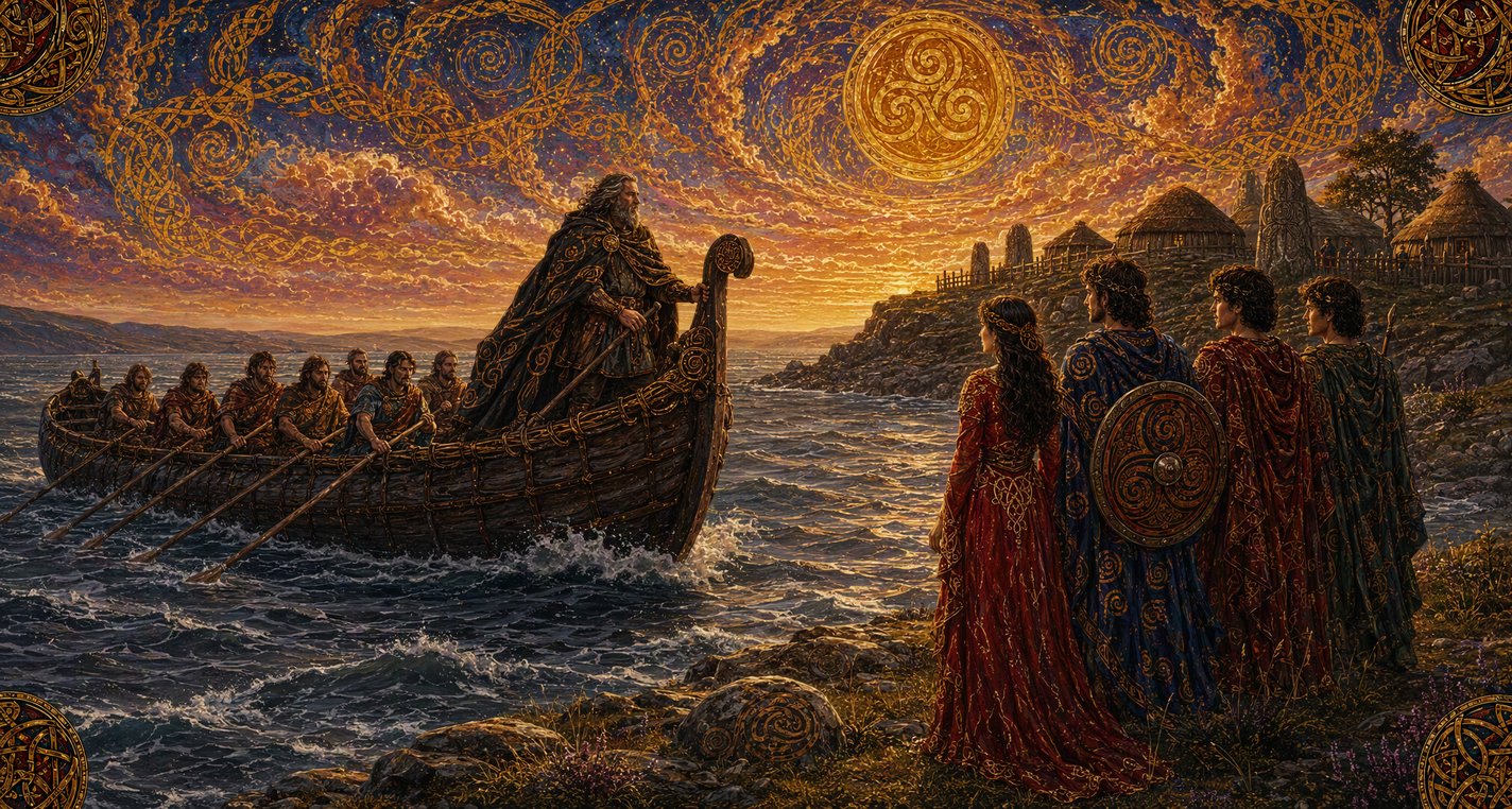 At dawn a currach of rowers crosses the swell toward an island shore where a woman and three warriors wait.