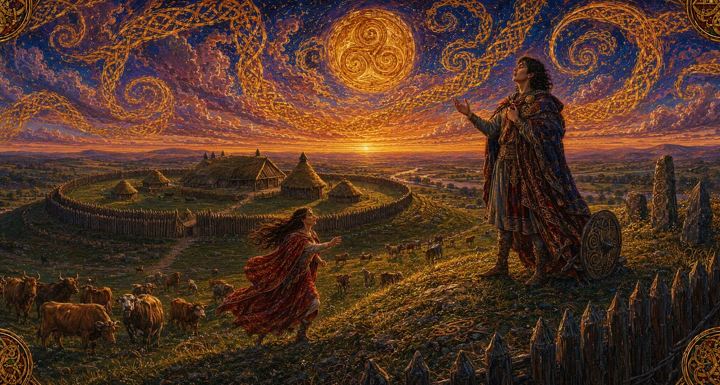 At dusk a black-haired young man sings on the rampart of a great ring-fort as a girl runs across the grass toward him.