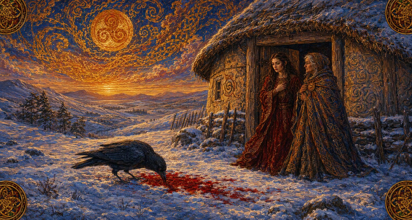 On a snowy winter hill a black raven drinks red blood from the snow while a long-haired girl watches from a doorway.