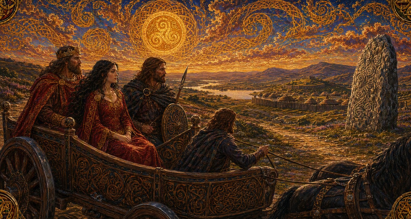 On a bright morning a chariot carrying a dark-haired woman between a king and a hard-faced warrior drives along a road toward a tall grey stone.