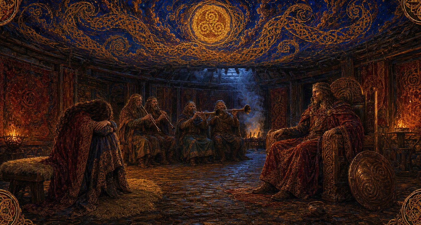In a king's hall at night a long-haired woman sits apart by a low fire, head bowed on her knees, while musicians play.