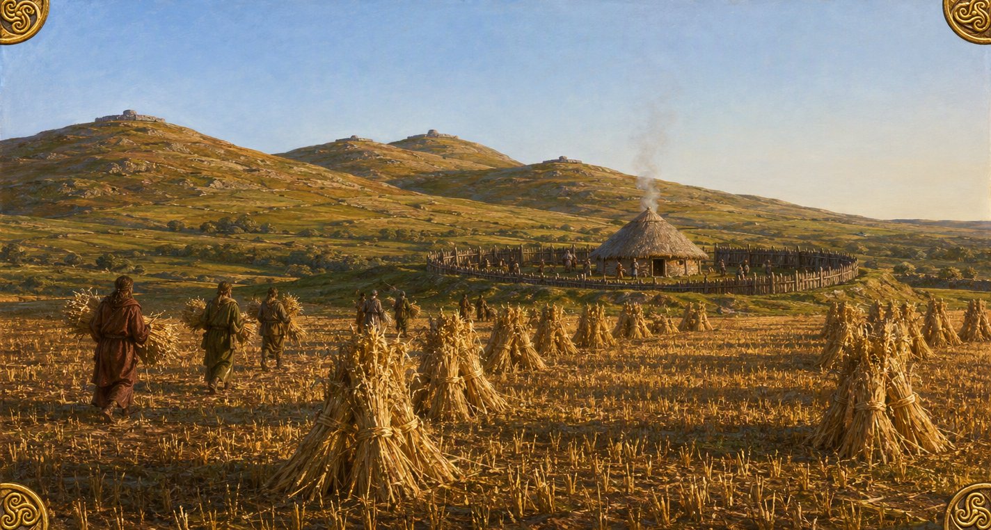 On a golden evening people carry sheaves across a stubble field of oat stooks to a ring-fort with a thatched round house, the cairns of Loughcrew on the hills beyond.
