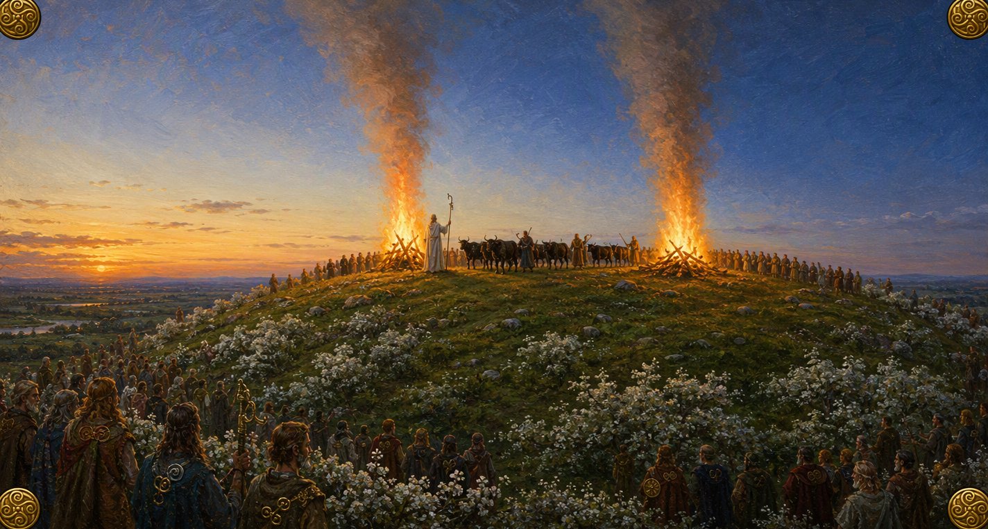 At dusk on Uisneach, among hawthorn blossom, a druid in a white robe stands by one of two great fires as herdsmen drive black cattle between them, a crowd looking on.
