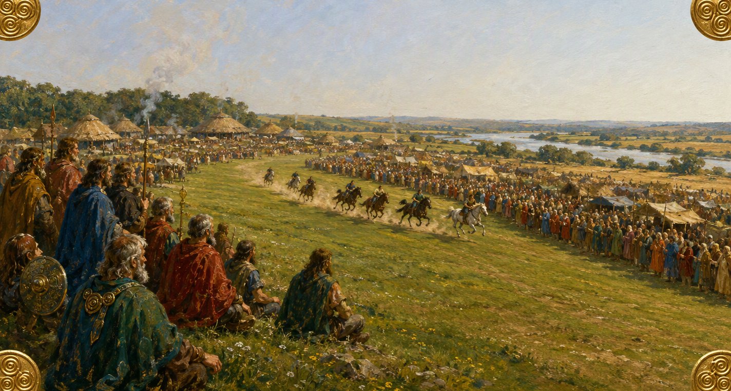 At Tailtiu on a hazy August afternoon, chiefs in bright cloaks watch from a grassy slope as horses race along a green course past a vast crowd and round houses.
