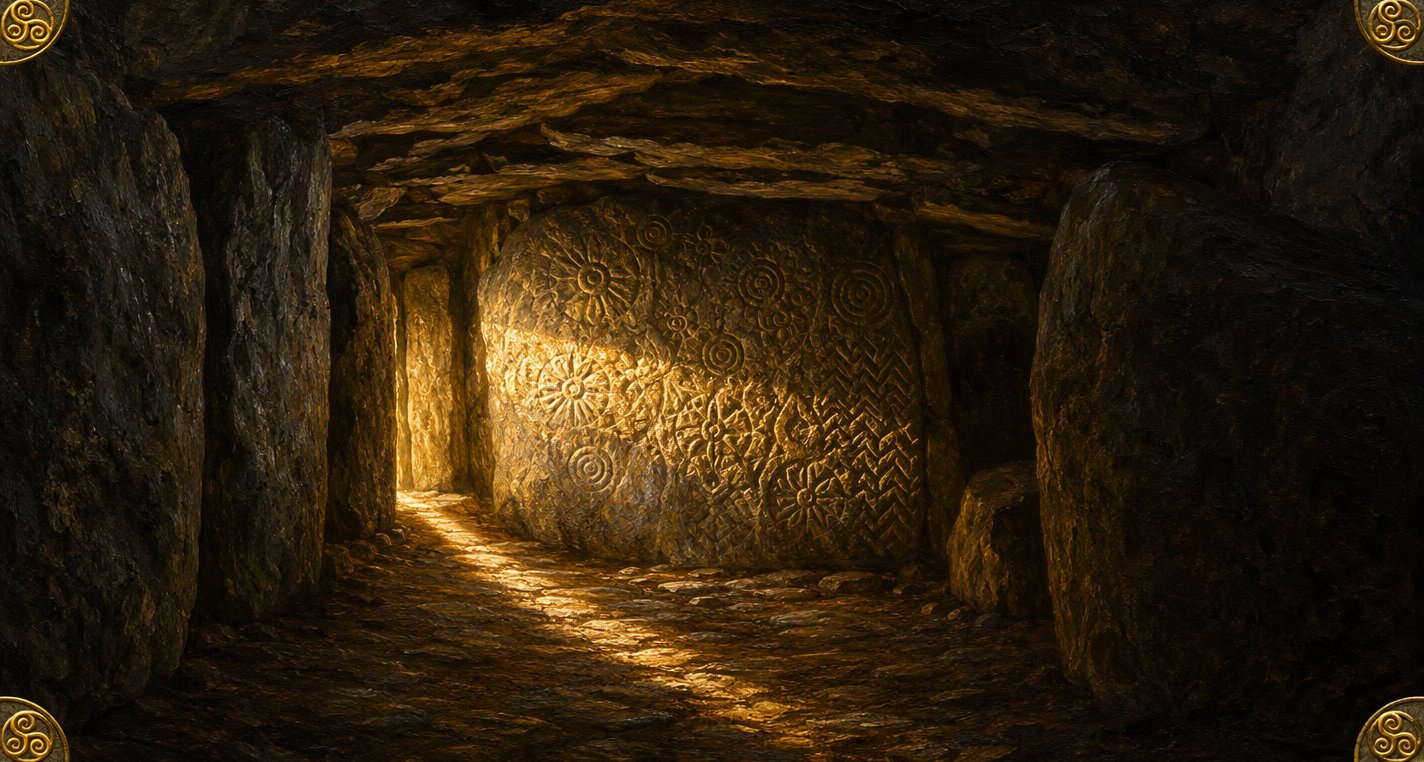 In the dark stone chamber of Cairn T at Loughcrew, a shaft of gold sunrise light falls across a backstone carved with rayed suns, flowers, rings and zigzags.