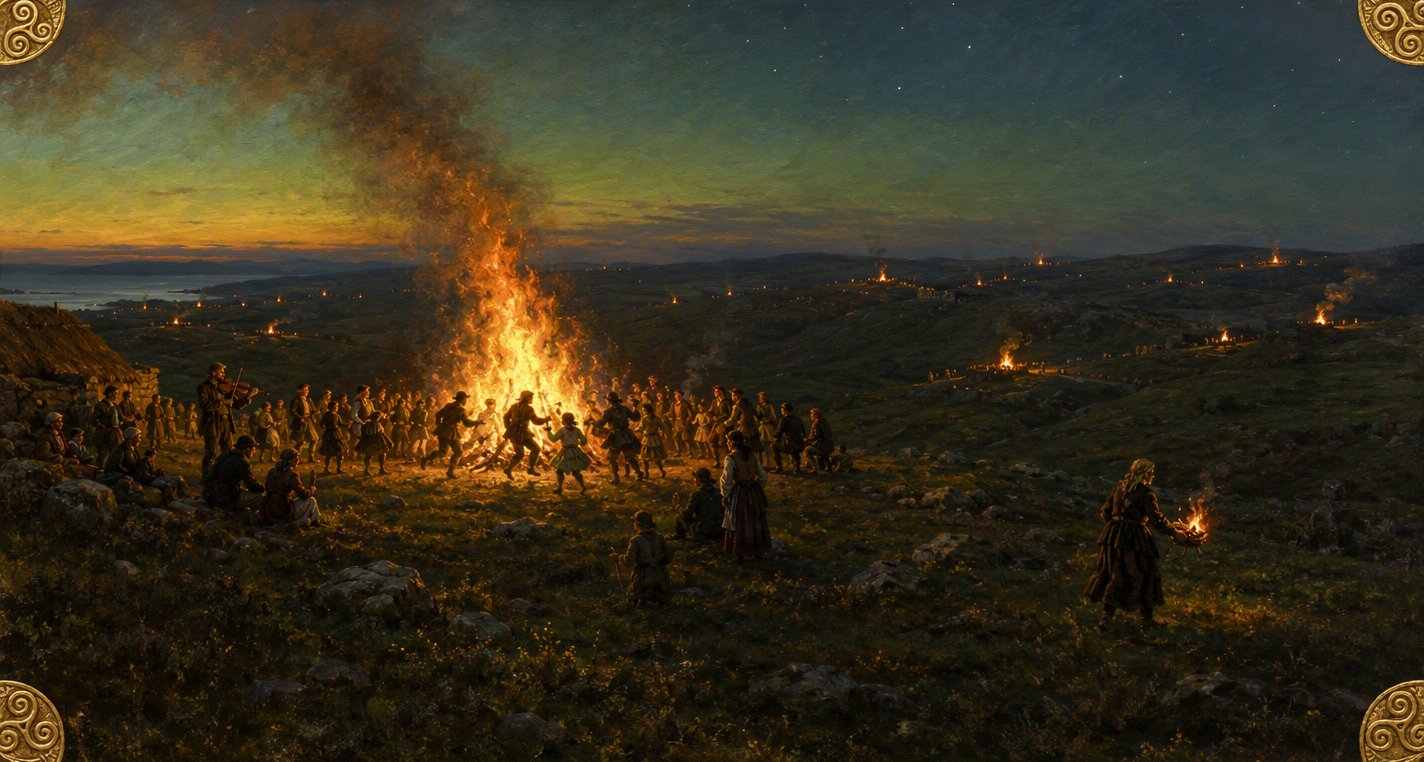 On St John's Eve under the first stars, country people dance round a bonfire to a fiddler, a woman carries a burning brand away, and fires glow on far hills.