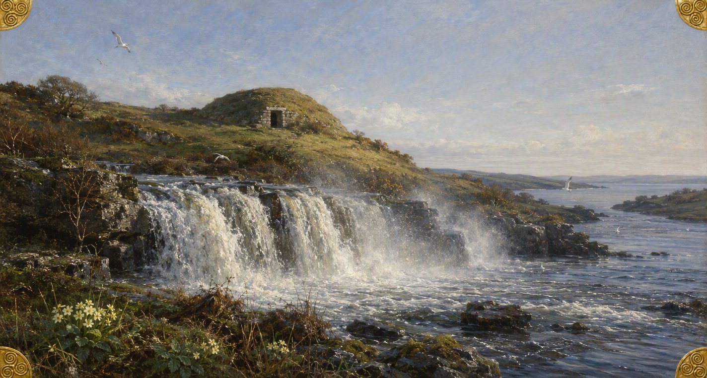 On a bright spring morning the river pours white over the falls of Ess Ruaid below a grassy mound with a small stone doorway, primroses on the bank, the sea beyond.