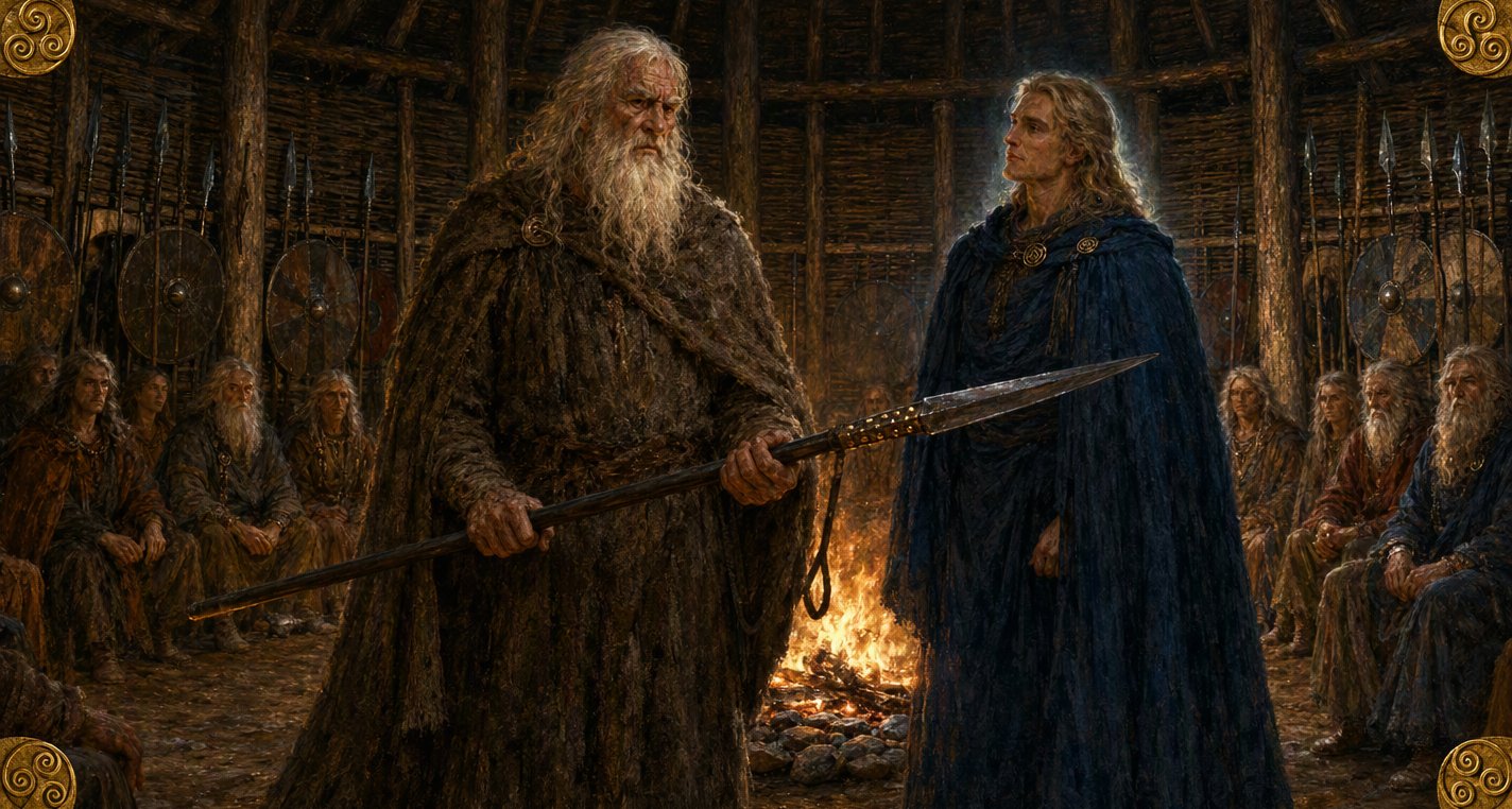 In a firelit round hall huge white-bearded Caílte holds a gold-riveted spear beside Ilbrec, a tall fair-haired lord of the sídhe in dark blue, as people watch.