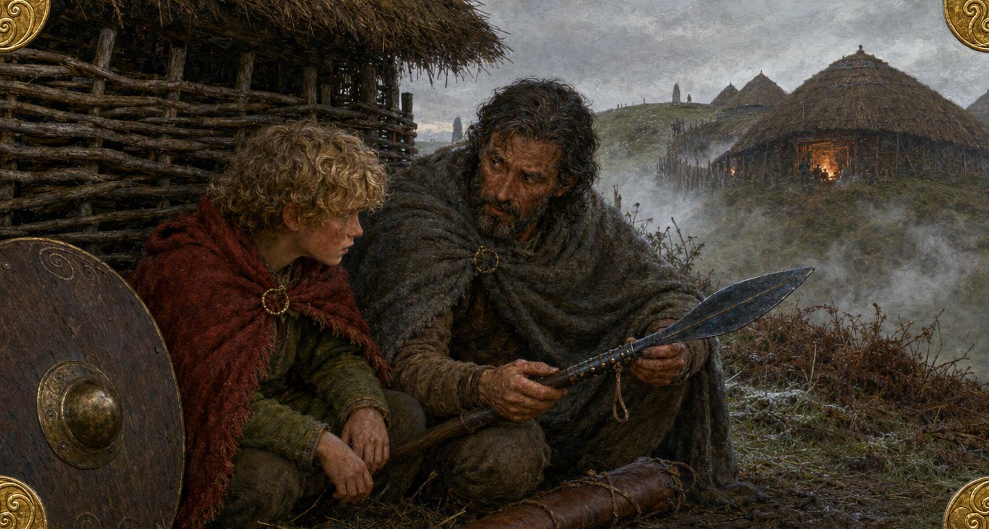 In grey mist by a wattle wall at Tara, grey-cloaked Fiacha crouches with golden-curled Fionn and shows him the gold-riveted blade of a spear, a lit hall behind.