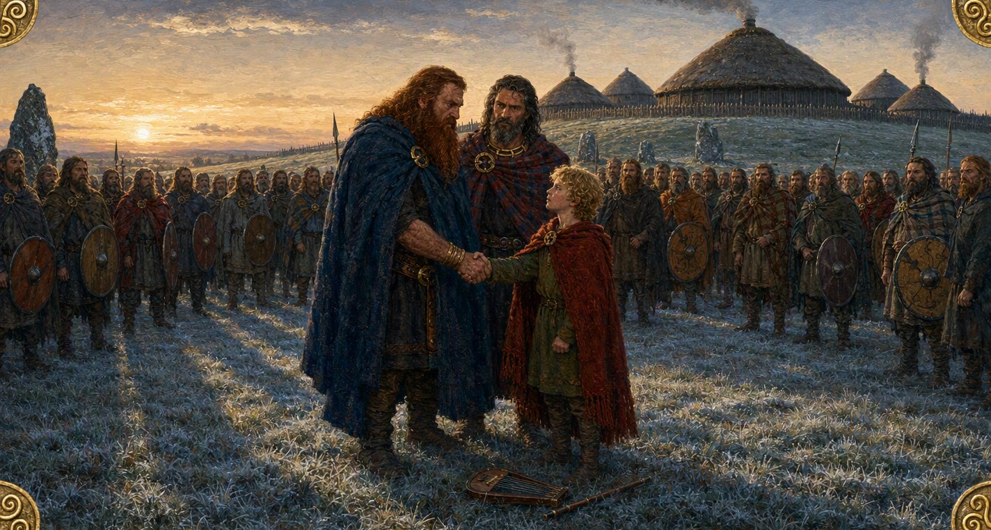 At frosty sunrise on the green of Tara huge red-bearded Goll clasps young Fionn's hand beside King Conn, ranks of warriors with round shields standing around them.