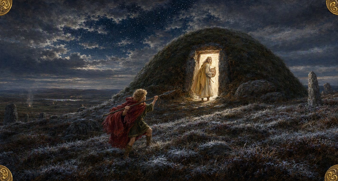 On a frosty mountaintop under a starry sky a boy in a red cloak draws back his spear at Aillén, who turns with his timpán in the lit doorway of a green mound.