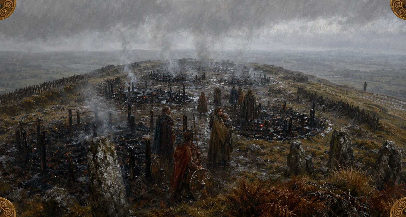 In grey rain at dawn on the hill of Tara, smoke rises from rings of burnt posts as a few cloaked survivors, a woman holding a baby among them, stand dazed.