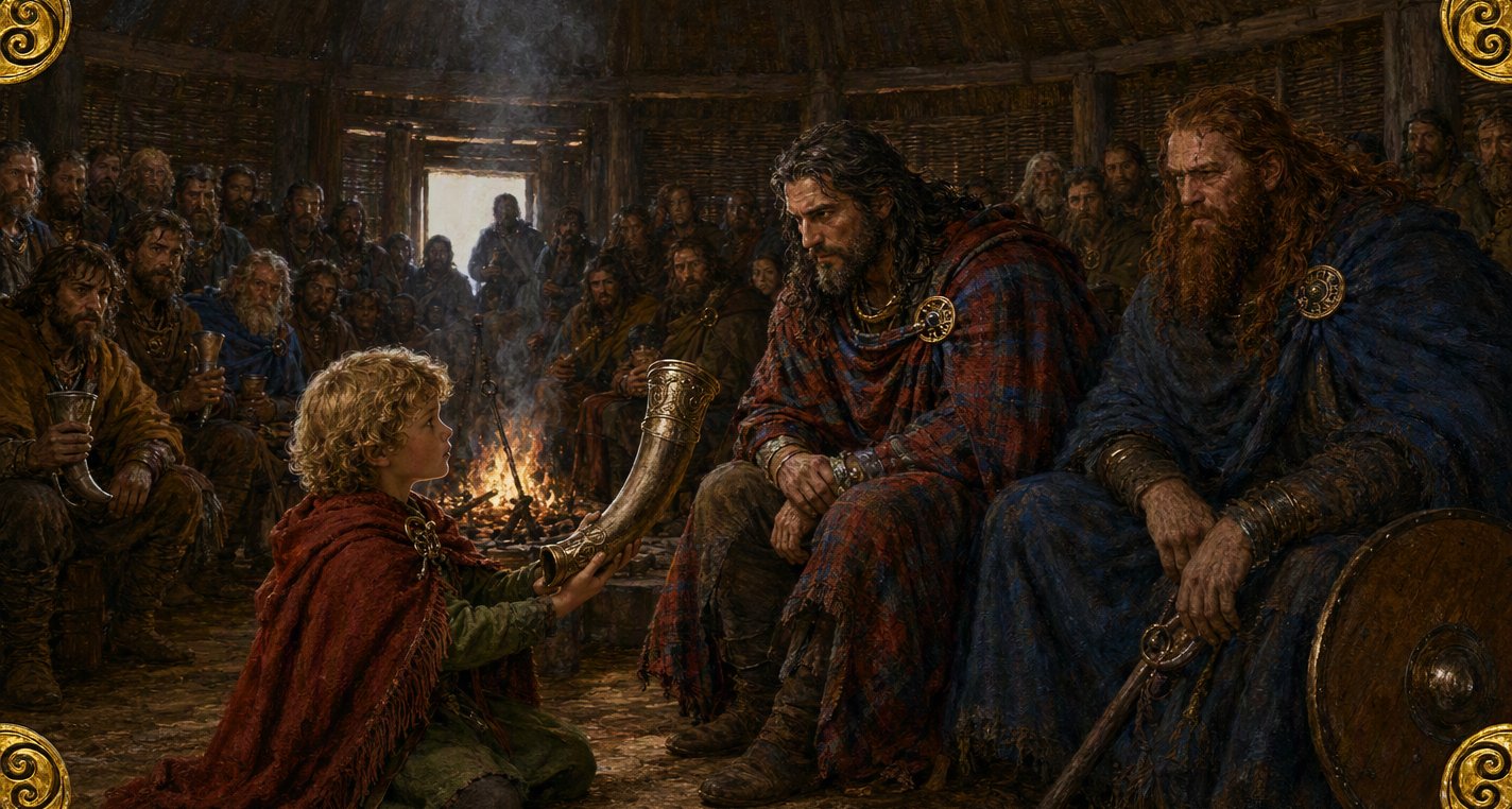 In the firelit hall of Tara a golden-curled boy in a red cloak kneels offering a great horn to dark-bearded King Conn, with red-bearded Goll and the hall watching.