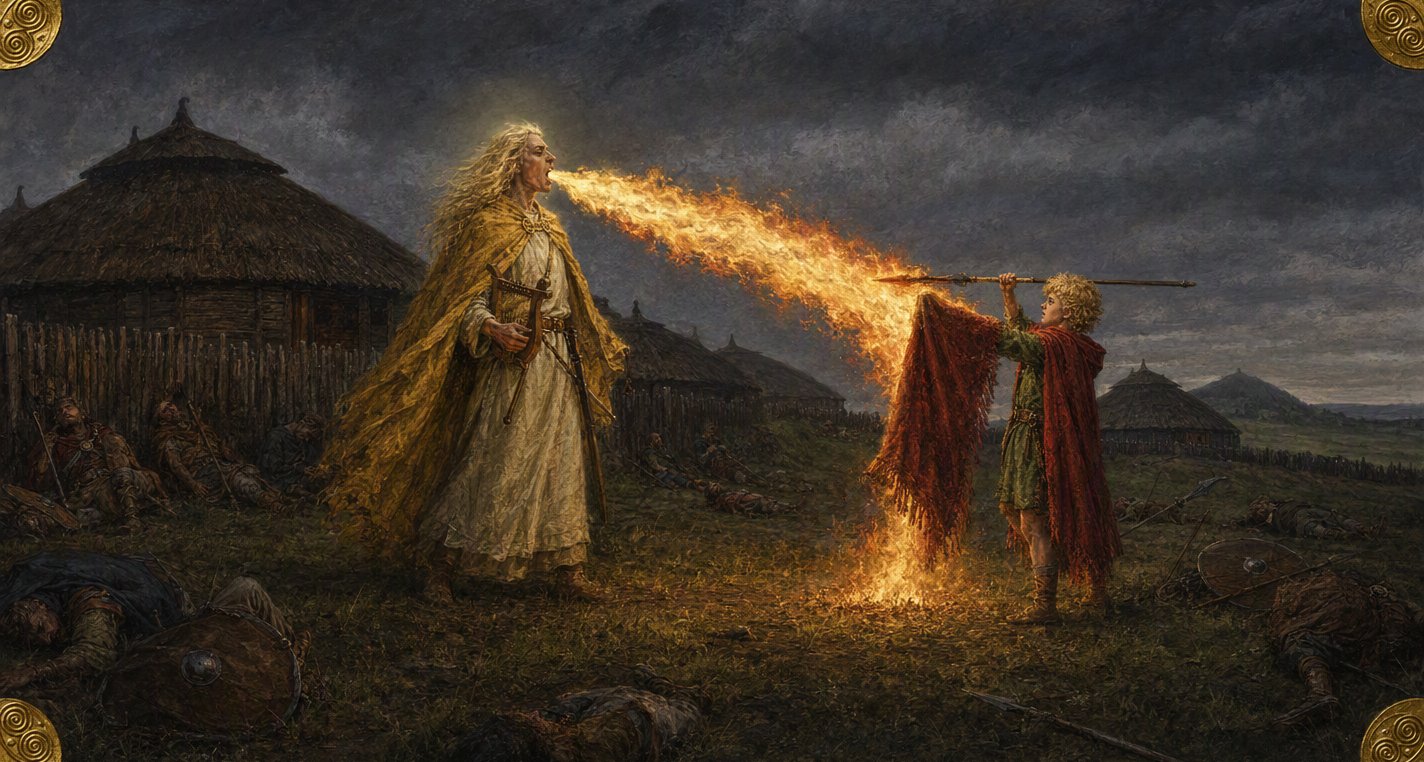 At night among sleeping guards at Tara, a boy holds up his crimson cloak and a spear against the fire pouring from the mouth of pale-haired Aillén, who holds a timpán.